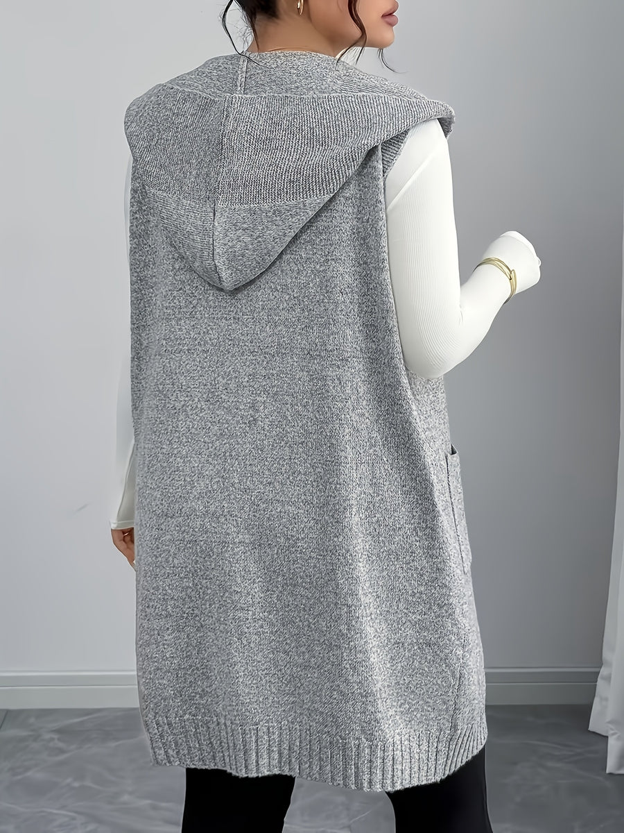 Hezi Xiao New Autumn/Winter Mid-Length Hooded Cardigan Vest Sleeveless Outerwear - Space Gray