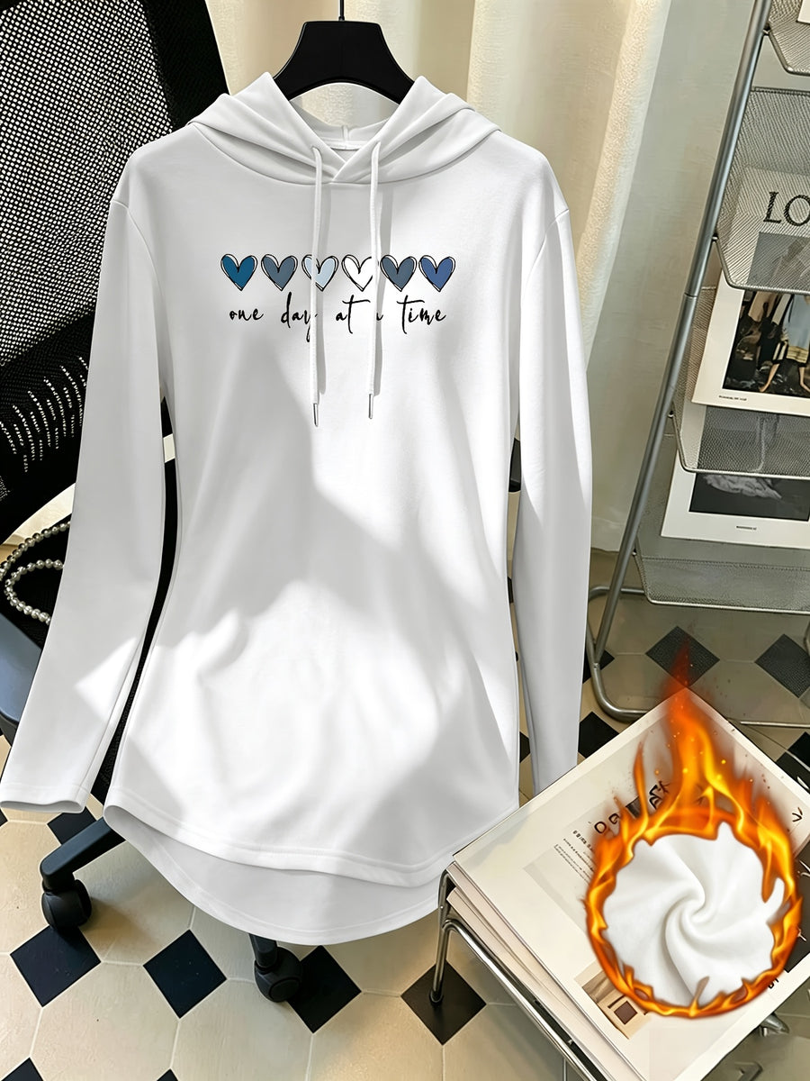 Mid-Length Hooded Sweatshirt for Women, Loose Hip-Covering Heart And Letter Print Drawstring Pullover Top - White
