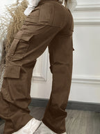 Street Style Women'S Casual Solid Color Loose Overalls, Y2K Comfortable Elastic Waist Multi-Pocket Long Pants - Brown