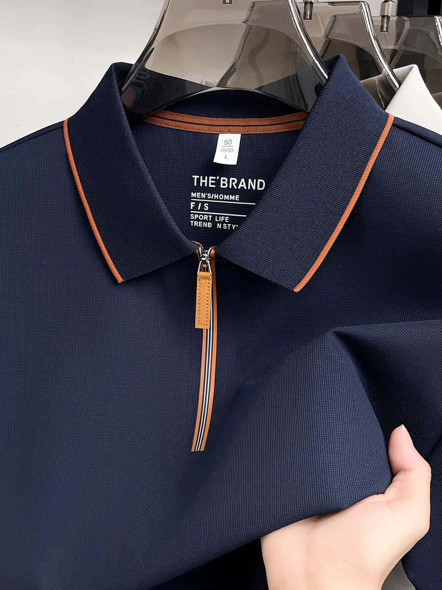 Men'S Zip-Up Polo Shirt, Summer Business Casual Contrast Collar Short Sleeve T-Shirt, Breathable Quick-Dry Commute Top, Men'S Athletic Polo Shirt, Summer Commute Men'S Clothing - Navy Color