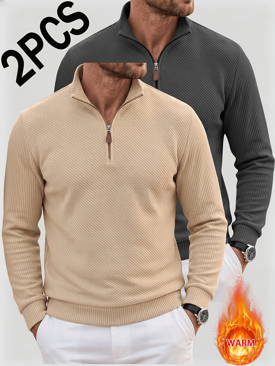 2pcs Men'S Autumn Winter New Corduroy Textured Half-Zip Stand Collar Knit Sweater Set, Light Luxury Long Sleeve Elastic Ribbed Base Layer Business Casual Inner Outerwear; Daily Commute, Home Entertaining, Camping Dating Scenarios - Khaki+Dark Grey