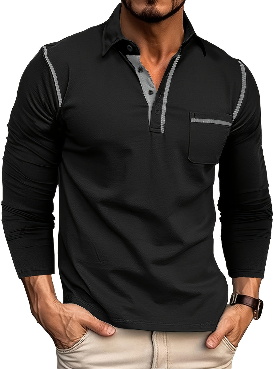 KJ-P029 Men's Long Sleeve Henley Shirt with Contrast Color Placket and Pocket Design, Stretchy, Comfortable, and Casual Polo for Daily Commuting Wear - Black