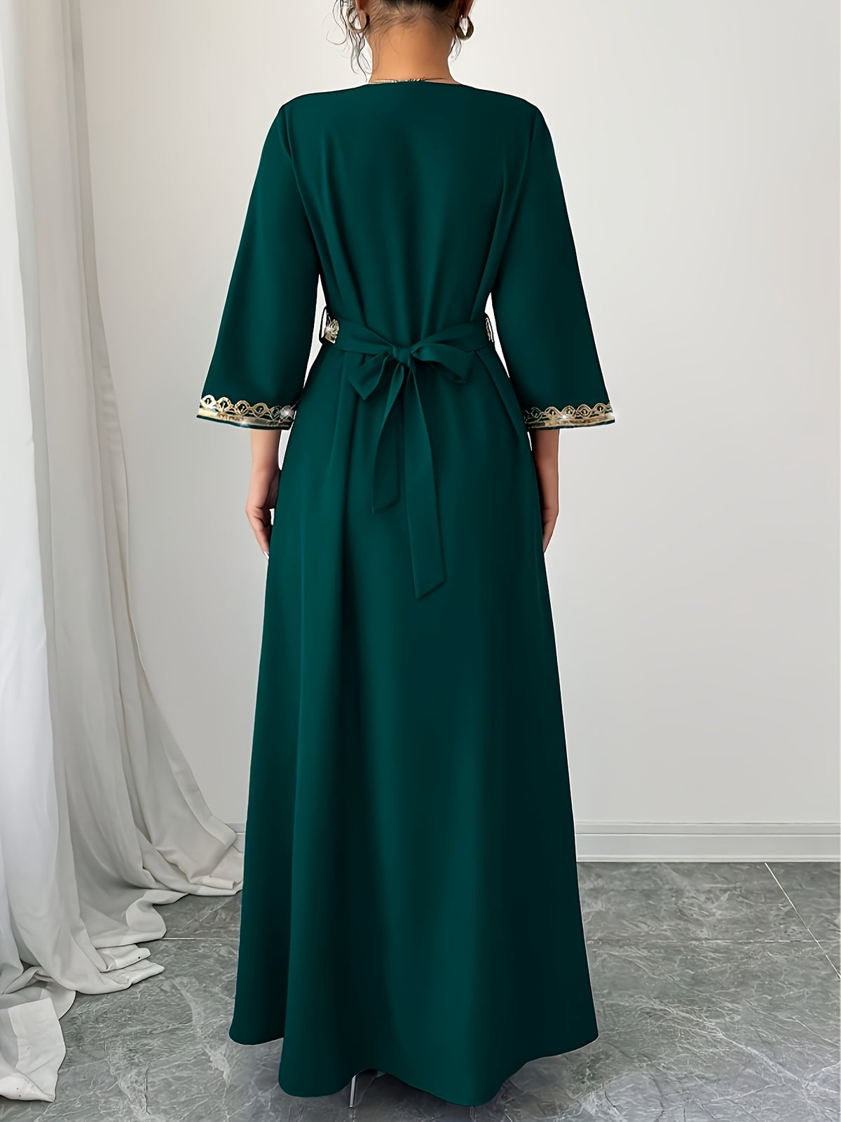 Retro Color Block Stitching V-Neck Dress - Dark Green