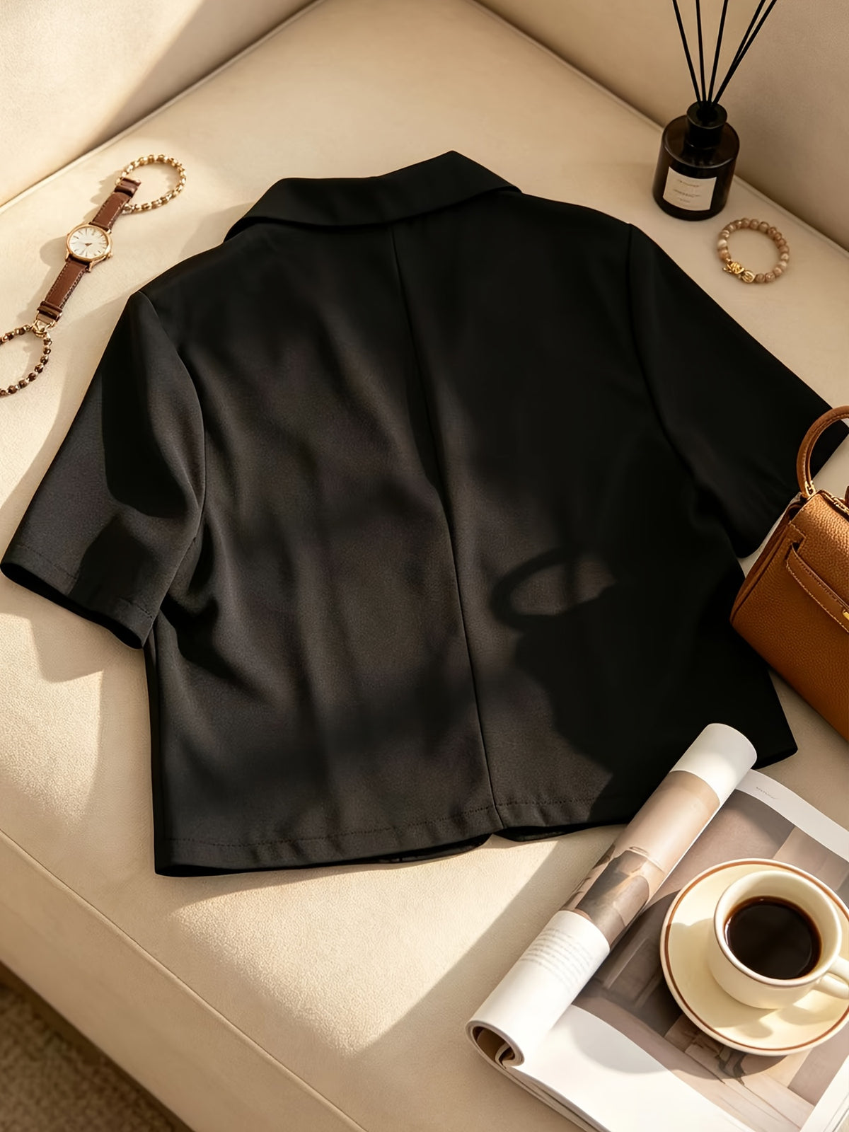 Summer Lightweight Short-Sleeve Blazer for Women, Petite Cropped Style,, Versatile, Casual Blazer Jacket - Black