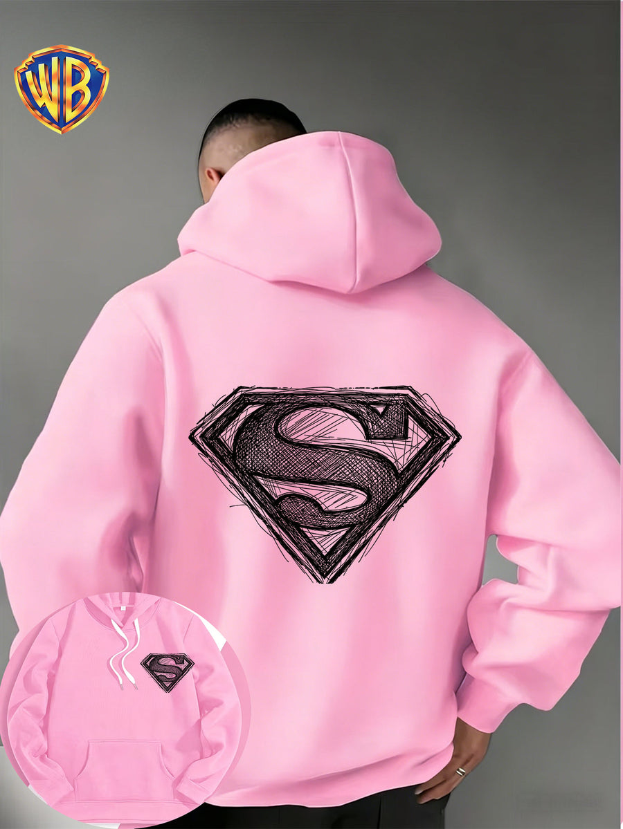Warner Bros. Superman Sketch Print Hooded Sweatshirt, Men's Loose Fit Casual Top, Versatile and Comfortable Autumn/Winter Sweatshirt - Pink