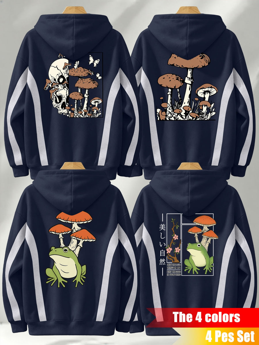 4pcs Set: Autumn/Winter Men's Pullover Hooded Sweatshirt with Diagonal Contrast Color Line Cut on Sleeves, Street Style Top. Features Adjustable Drawstring and Large Kangaroo Pocket for Storing Phones and Small Items. Made of Skin-Friendly - Navy Blue+Navy Blue+Navy Blue+Navy Blue