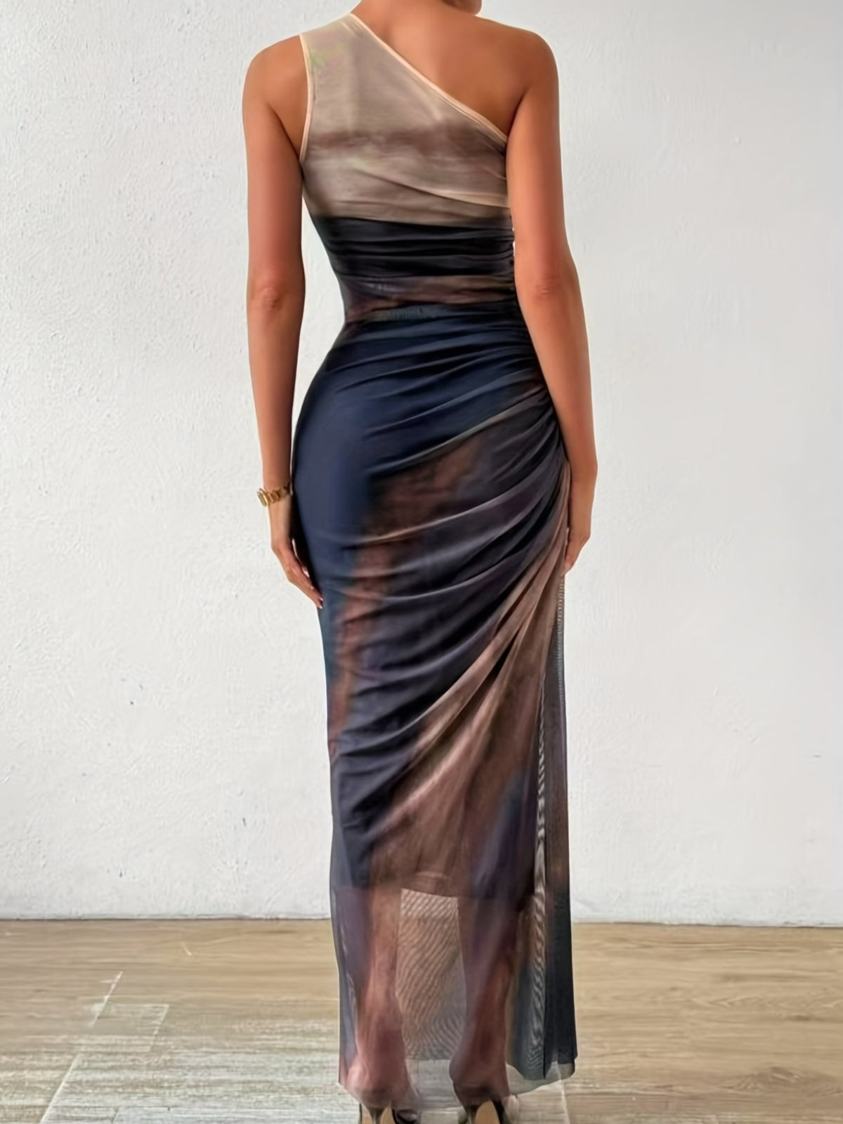 Women's Sexy One-Shoulder Bodycon Evening Gown - Gradient Color Ombre Long Dress with Side Slit, High Elasticity Formal Party Dress for Weddings & Galas, Galaxy Event Fashion | Sleek Silhouette - Light Grey