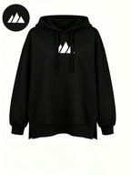 Women'S Fashion Hooded Sweatshirt for Autumn And Winter - Pattern Print Design, Side Slit Detail, Pullover Hoodie - Black