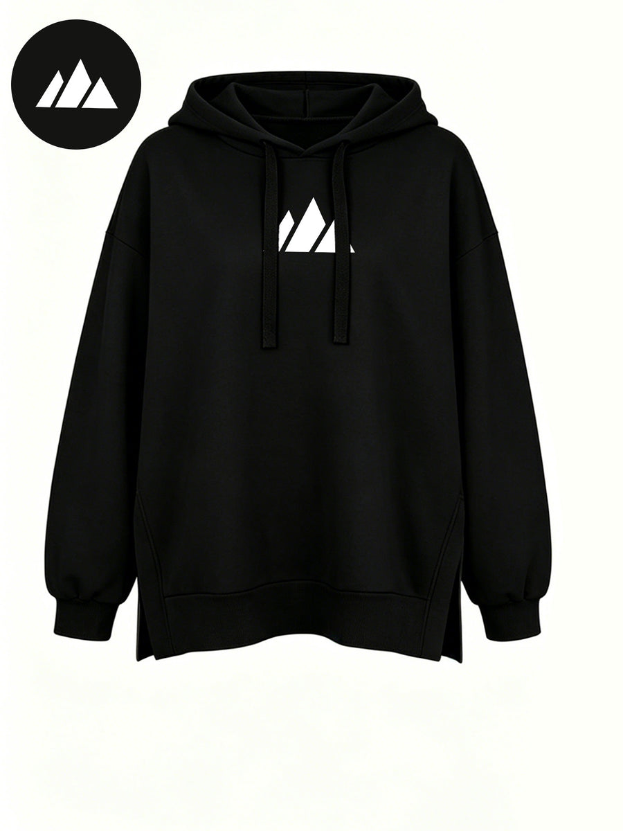 Women'S Fashion Hooded Sweatshirt for Autumn And Winter - Pattern Print Design, Side Slit Detail, Pullover Hoodie - Black