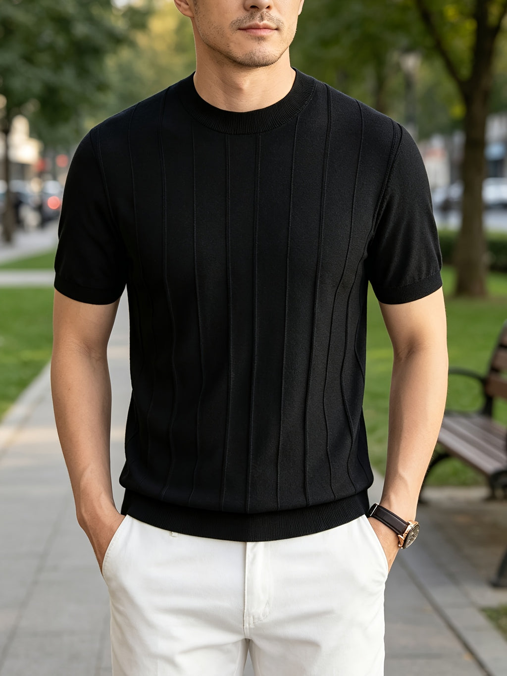 2026 Summer New Laysier And Linen Men'S Textured Vertical Pock-Dot Knit Short Sleeve Light Business Gentleman All-Match Round Neck Solid Color Casual T-Shirt - Black