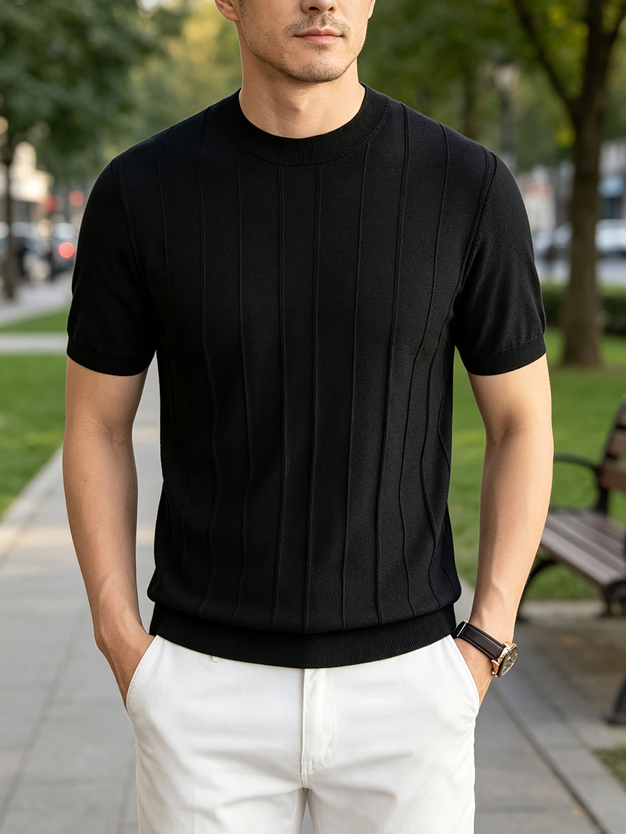 2026 Summer New Laysier And Linen Men'S Textured Vertical Pock-Dot Knit Short Sleeve Light Business Gentleman All-Match Round Neck Solid Color Casual T-Shirt - Black