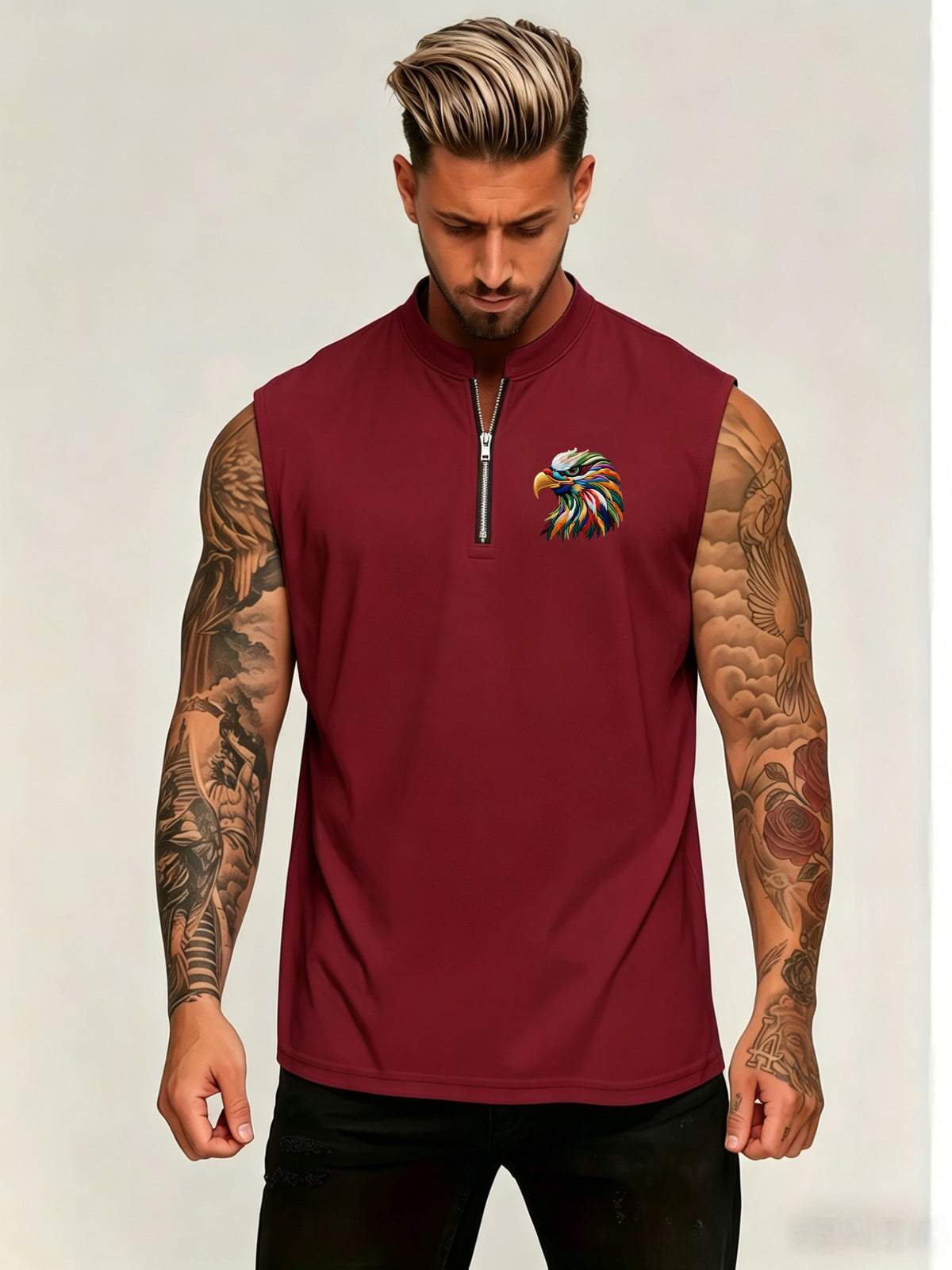 Men'S Summer New Style Sleeveless Zipper Henley Shirt, Outdoor Fitness Sports Comfortable Casual Fashion Sleeveless POLO Top - Burgundy
