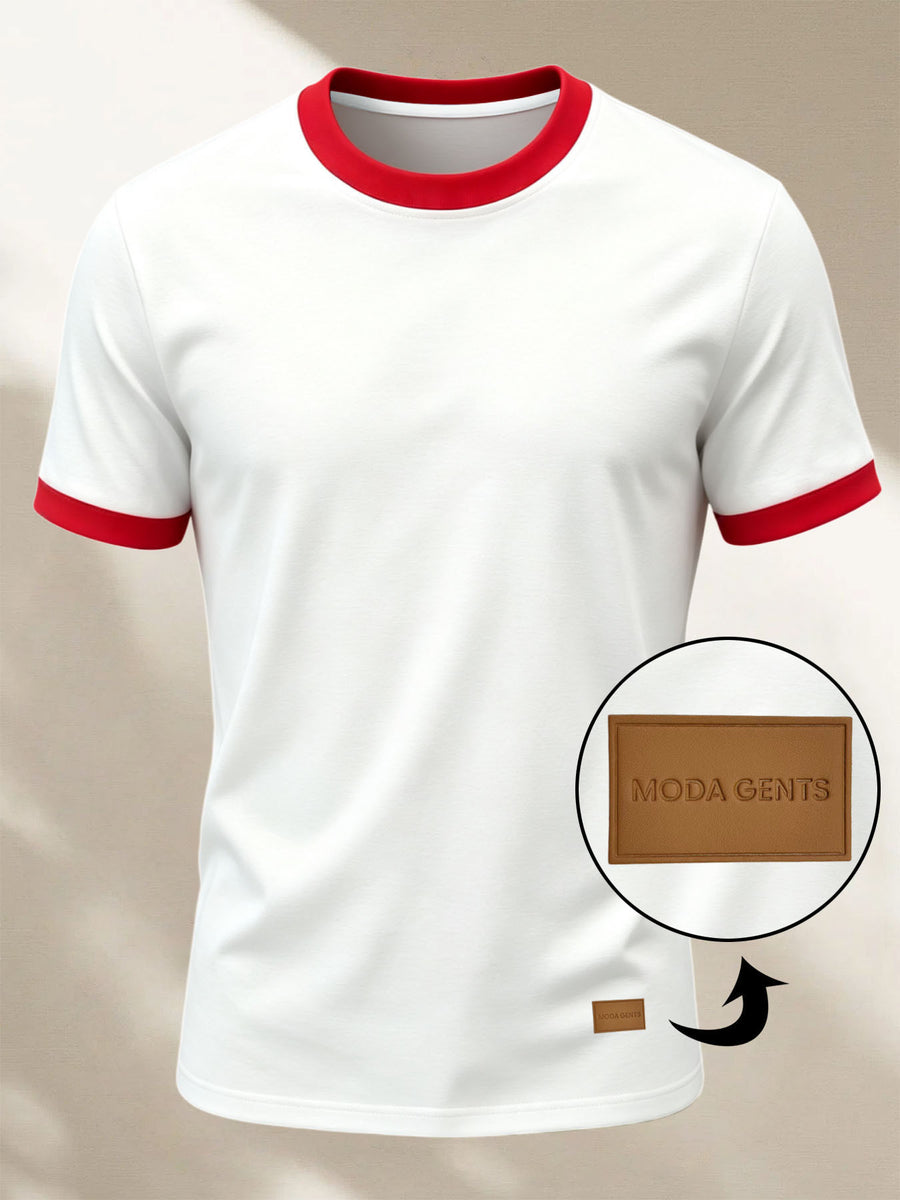 100%, Men'S Knitted Color-Block Round Neck Short-Sleeve T-Shirt, Summer Global All-Season Base Layer Factory Made Men'S Comfortable High-Fit Rate Casual Sports Contrast Patchwork Top - White Fight Red