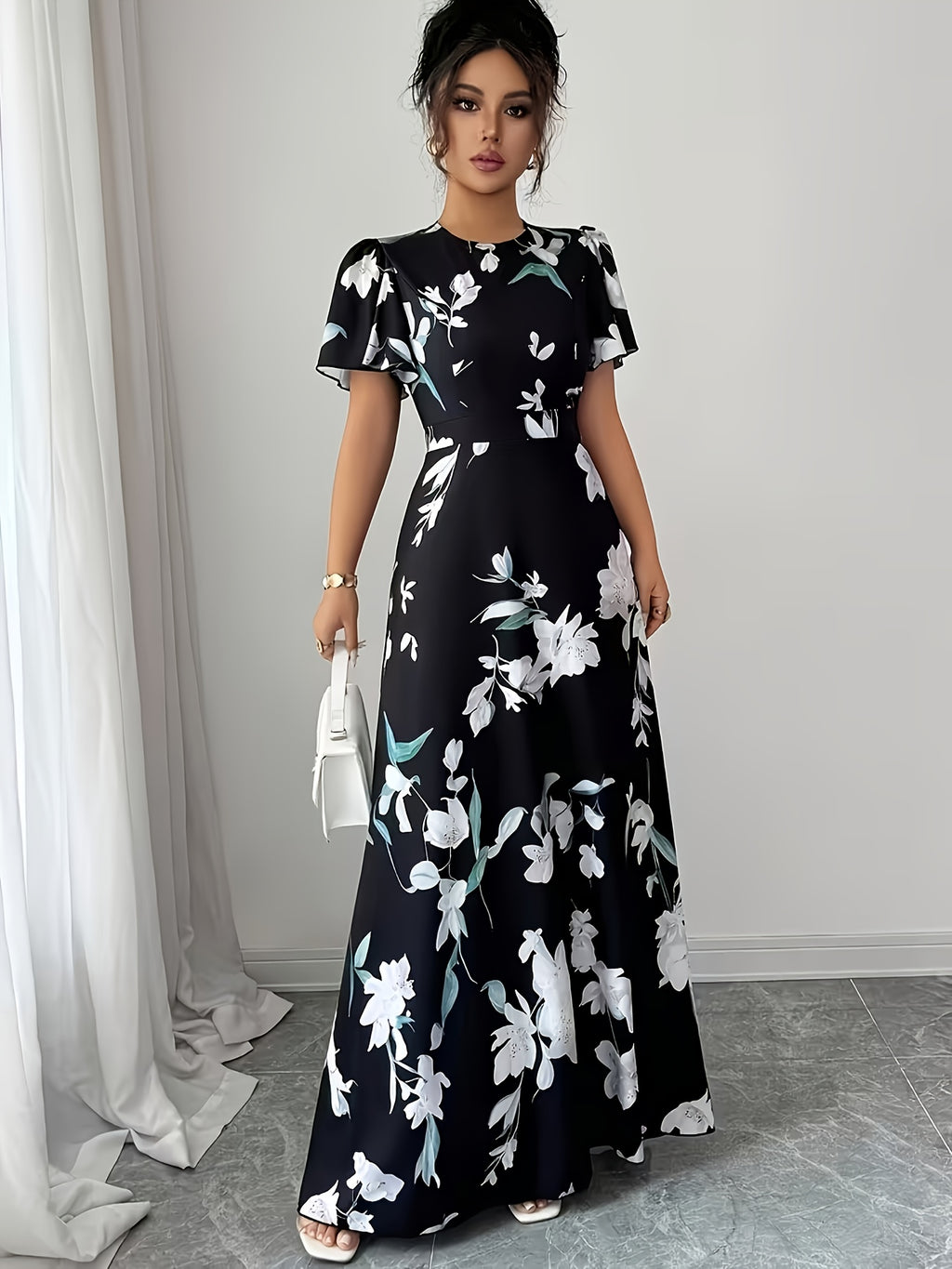 Women'S Elegant Printed Dress - Black