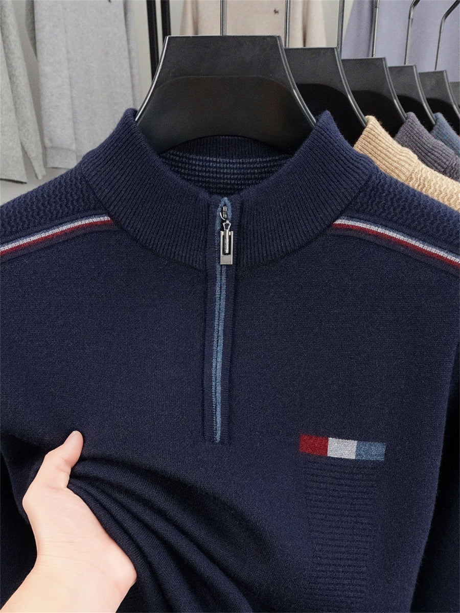 ZBZP Autumn Winter Knit 3D Solid Half-Zip Stand Collar Sweater, Basic Knit Pullover Top for Men, Fashionable Long Sleeve Sweater ZM - On Cyan
