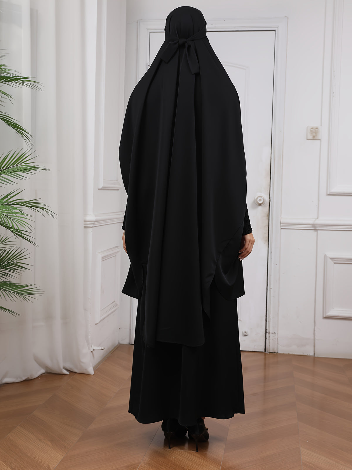 YT220 Women'S Traditional Arabic Long Robe, Long Batwing Sleeves, Loose Fit for All Seasons, Muslim Nida Headscarf Dress, Abaya Long Skirt with Hijab, Islamic Long Robe for Dubai Wedding Prayer Outfit, 2pcs Set - Black