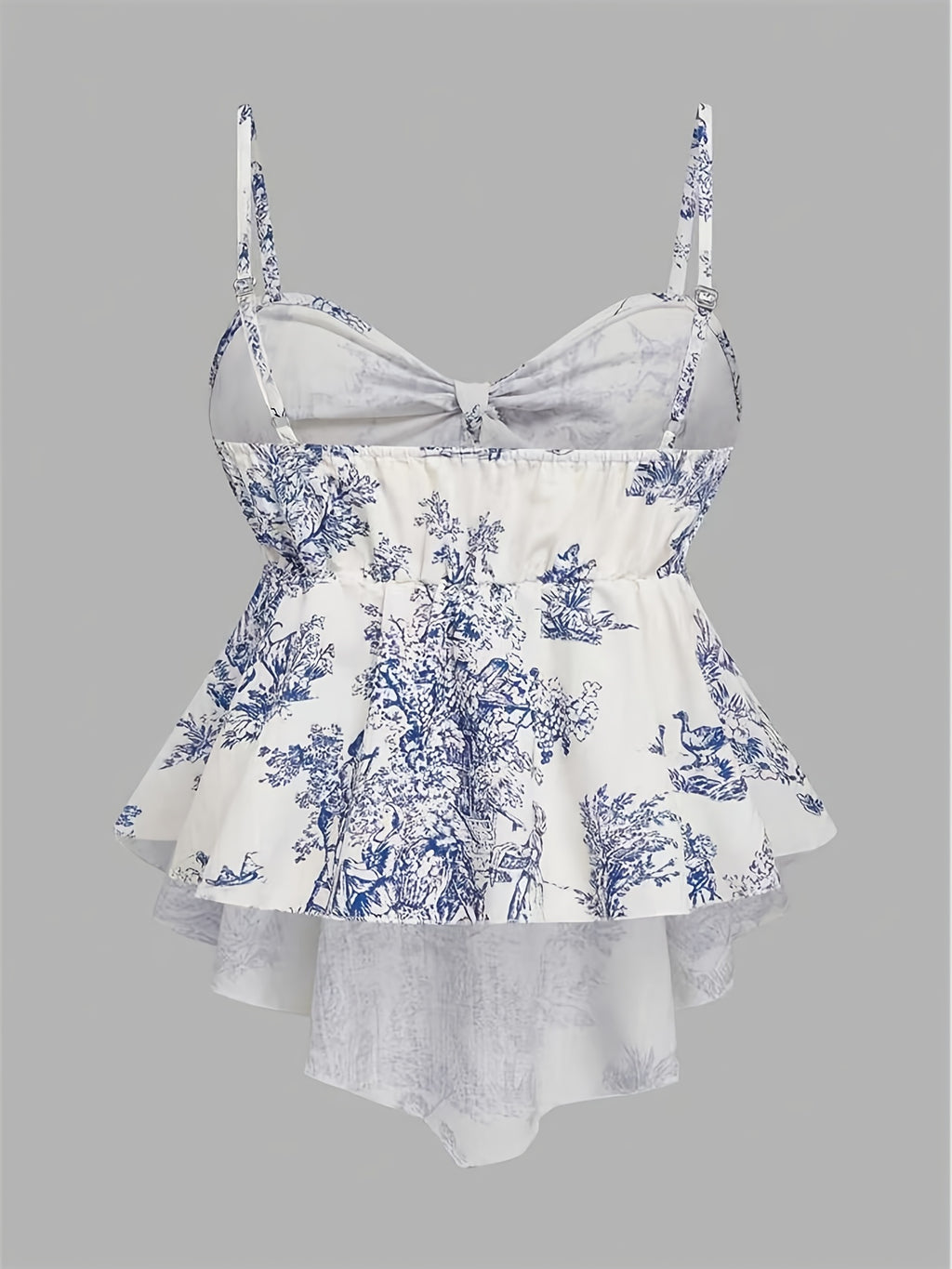 Elegant and Fashionable Women's French-style Bow-tie Waist-cinching Printed Camisole with a Front-long Back-short Ruffled Hem, a Gentle Commuting Top Suitable for Dates, Travel, Parties, and Gatherings - White