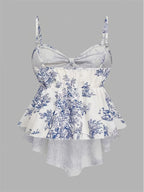 Elegant and Fashionable Women's French-style Bow-tie Waist-cinching Printed Camisole with a Front-long Back-short Ruffled Hem, a Gentle Commuting Top Suitable for Dates, Travel, Parties, and Gatherings - White