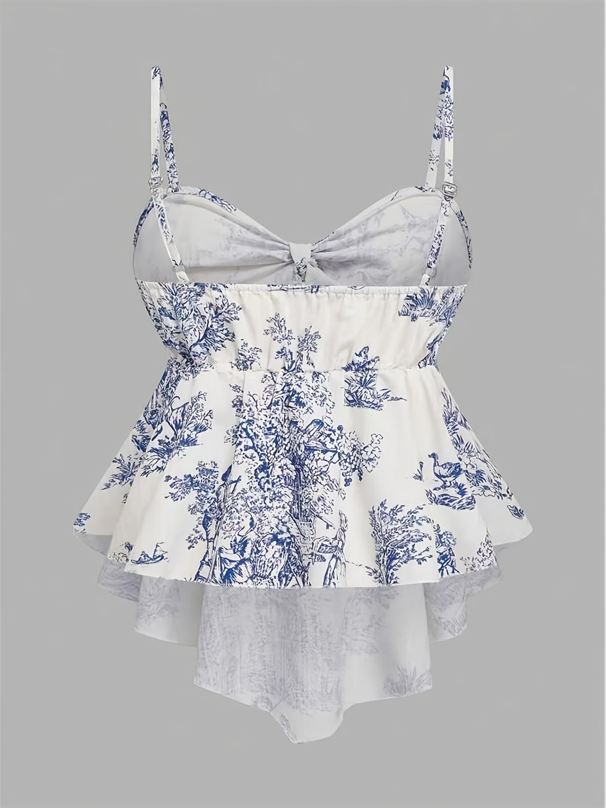 Elegant and Fashionable Women's French-style Bow-tie Waist-cinching Printed Camisole with a Front-long Back-short Ruffled Hem, a Gentle Commuting Top Suitable for Dates, Travel, Parties, and Gatherings - White