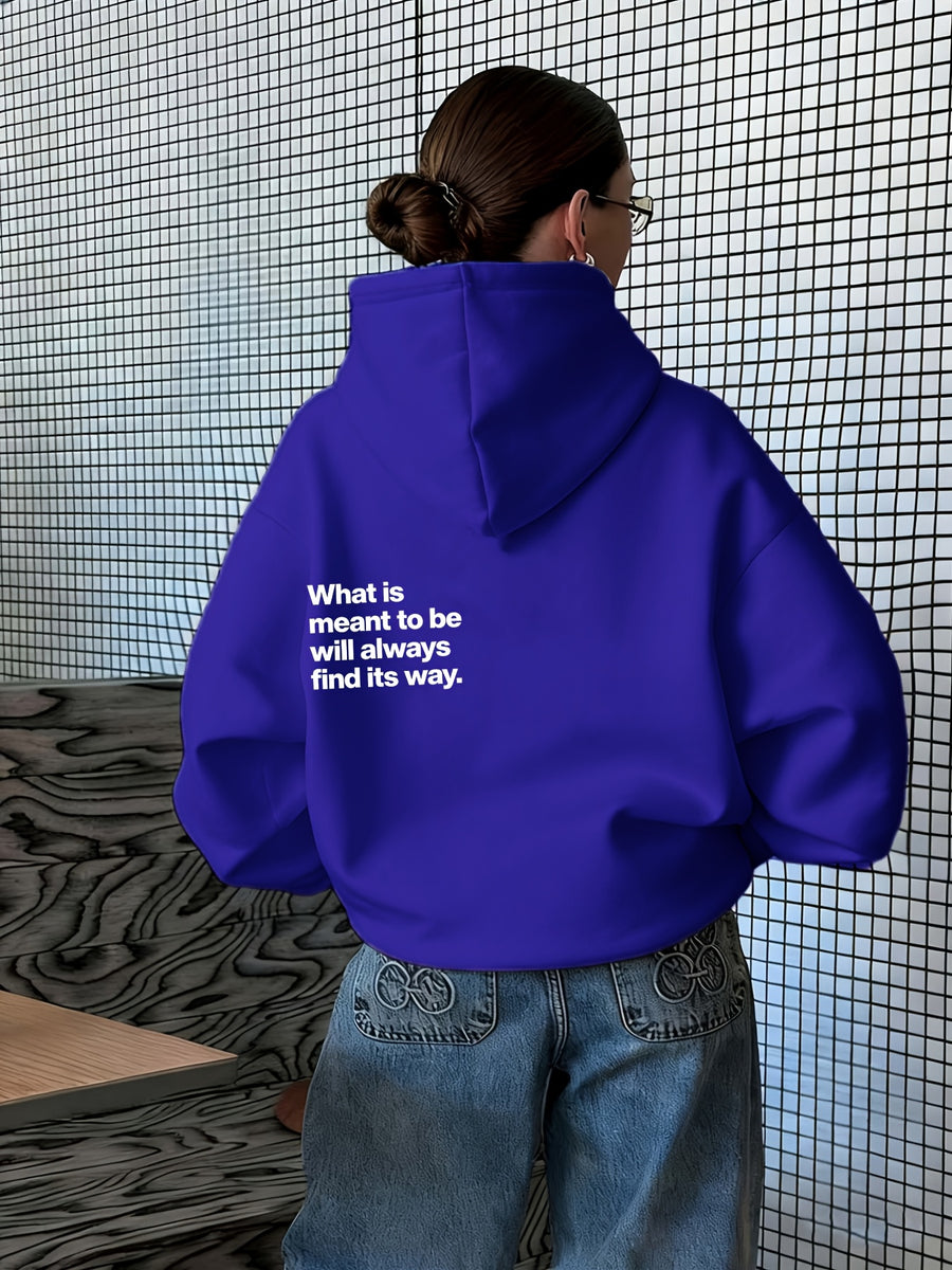 Women's Atmospheric Back English Phrase Print Hooded Sweatshirt with Fateful and Quote Design, Loose Oversized Drop-Shoulder Fit for Daily Streetwear Casual Pullover Hoodie - Blue