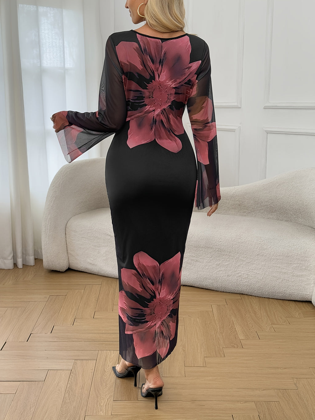 1pc Elegant Floral Sheer Mesh Long Sleeve Dress for Women - Polyester Knit Fabric, Crew Neck, A-Line Silhouette, Versatile for Spring/Summer/Fall - Adult Fashion - Mixed colors