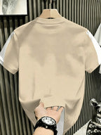 Ins-style Simple and Versatile Round-neck Short-sleeve Top, Featuring a Navy-blue and White Color-block Contrast with a Minimalist Letter Print Design. This Fashionable, Lightweight, and Breathable T-shirt Is Machine Washable, Making It Suitable - Khaki