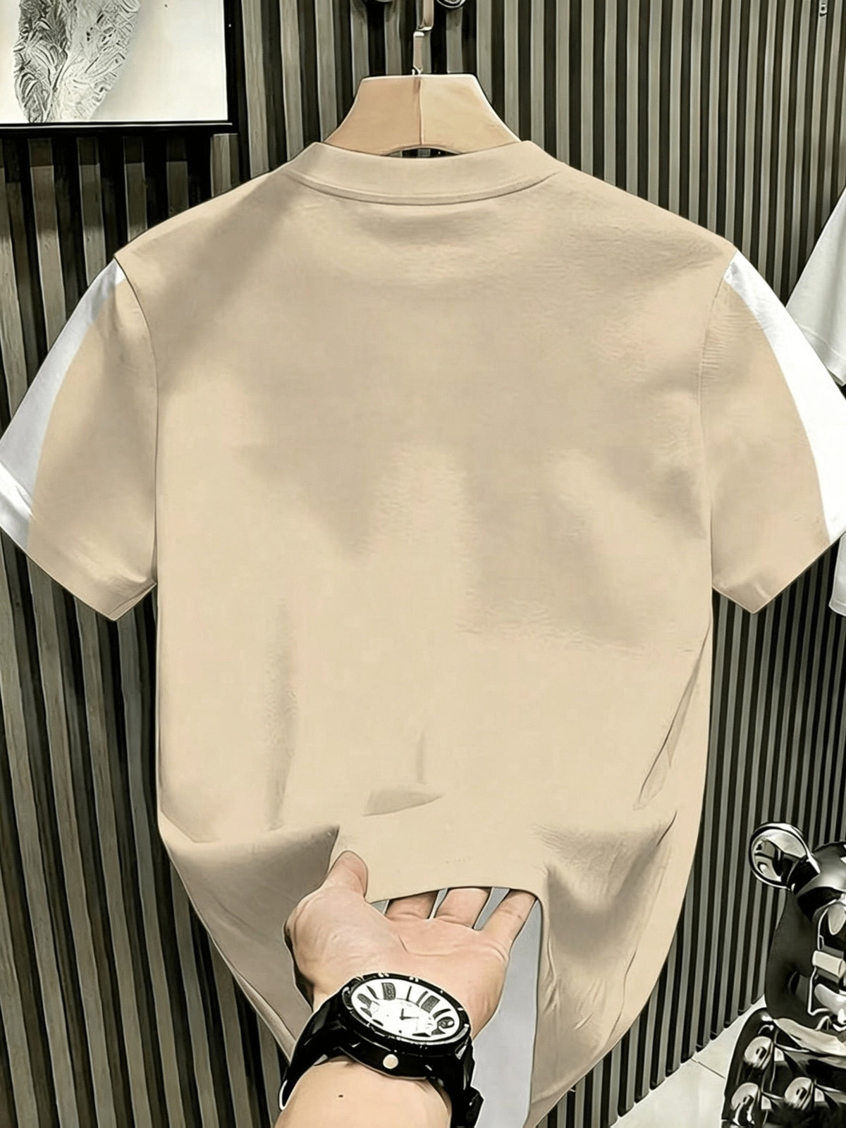 Ins-style Simple and Versatile Round-neck Short-sleeve Top, Featuring a Navy-blue and White Color-block Contrast with a Minimalist Letter Print Design. This Fashionable, Lightweight, and Breathable T-shirt Is Machine Washable, Making It Suitable - Khaki