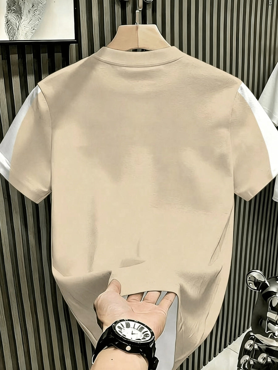 Ins-style Simple and Versatile Round-neck Short-sleeve Top, Featuring a Navy-blue and White Color-block Contrast with a Minimalist Letter Print Design. This Fashionable, Lightweight, and Breathable T-shirt Is Machine Washable, Making It Suitable - Khaki
