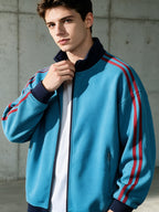 Stand Collar Striped Sports Jacket Waffle Knit Fabric Soft And Breathable Full Zip Closure for Easy Wear Double Zipper Pockets for Storage Drop Shoulder Loose Style Retro Casual, Spring, Fashion, Men, Outdoor, Quick-Dry - Azure