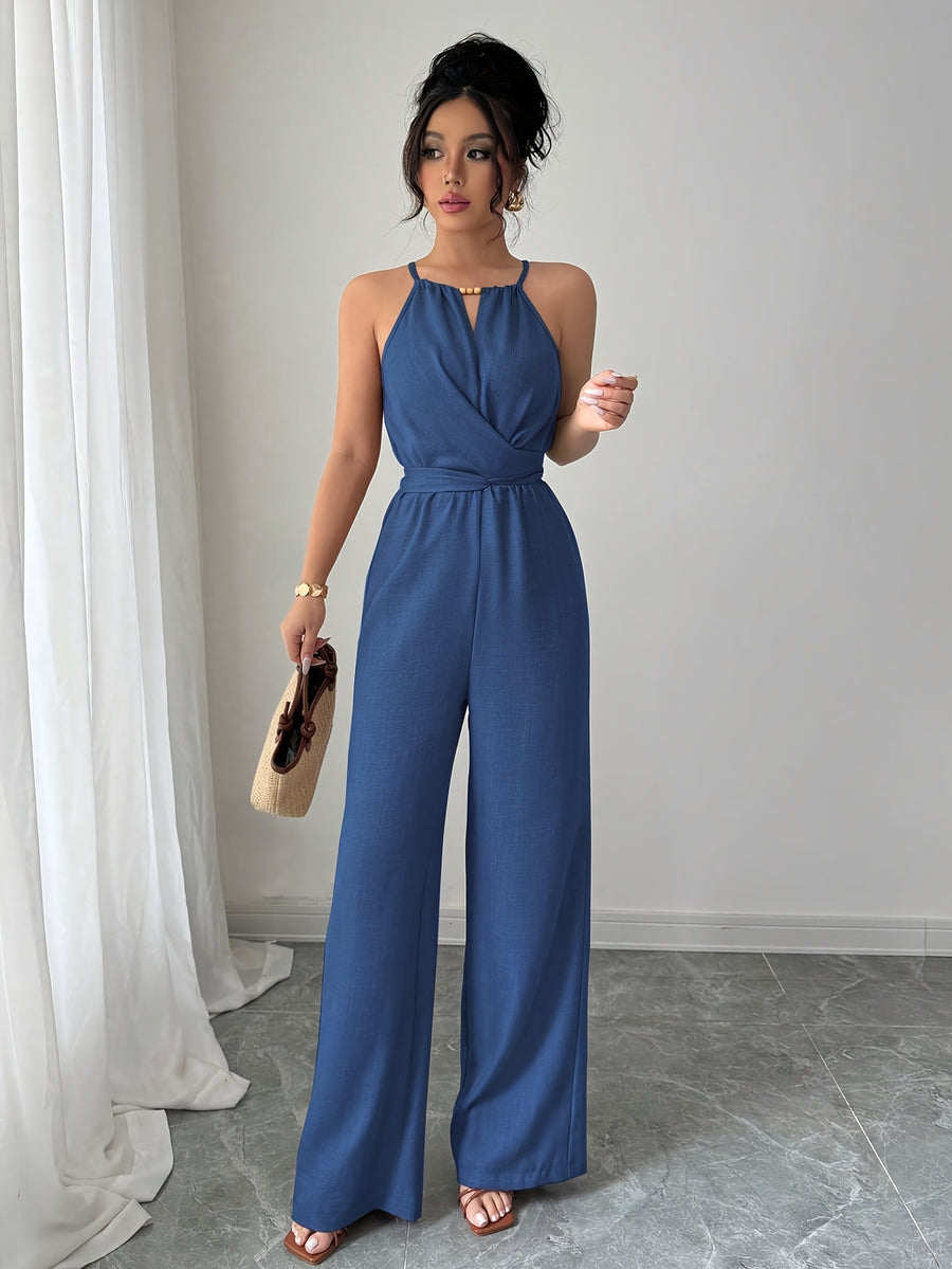 Women's Spring/Summer Casual Pleated Strappy Twist-Waist Maxi Jumpsuit - Blue