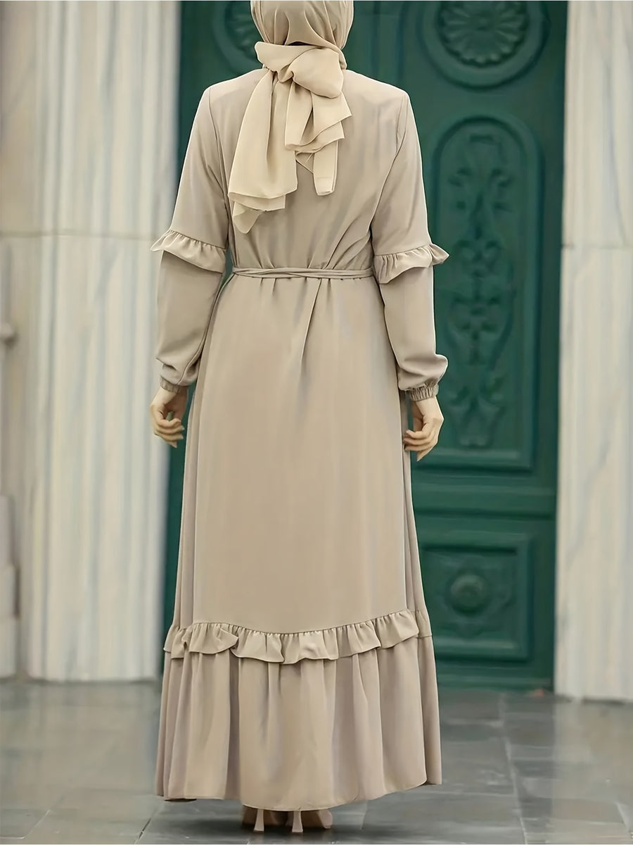 Soft Dress with a Zip Front And Ruffle Details for Ramadan, Featuring Elegant Long Sleeves And a Belted Waist, Designed for Women - Khaki