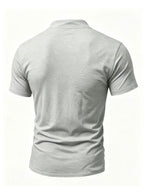 Summer Men'S Fashion Lace-Up Henley Short Sleeve Print T-Shirt, Mandarin Collar Top, Fitness Workout Training Short Sleeve - Light Grey