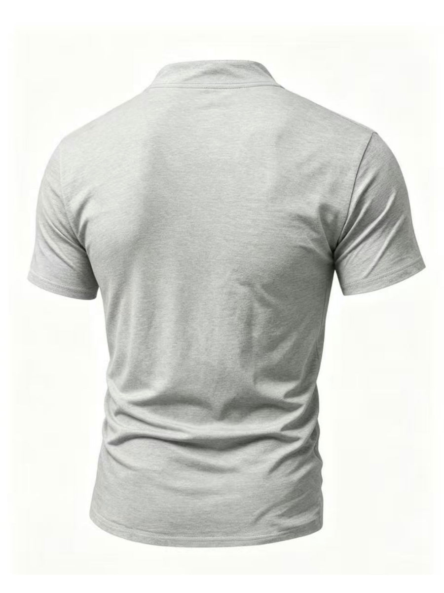 Summer Men'S Fashion Lace-Up Henley Short Sleeve Print T-Shirt, Mandarin Collar Top, Fitness Workout Training Short Sleeve - Light Grey