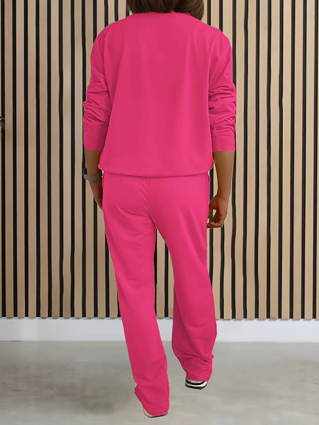 Women'S Solid Color Two-Piece Casual Long Sleeve Front Zipper Hoodie with Drawstring Straight Leg Pants Outfit - Rose Red