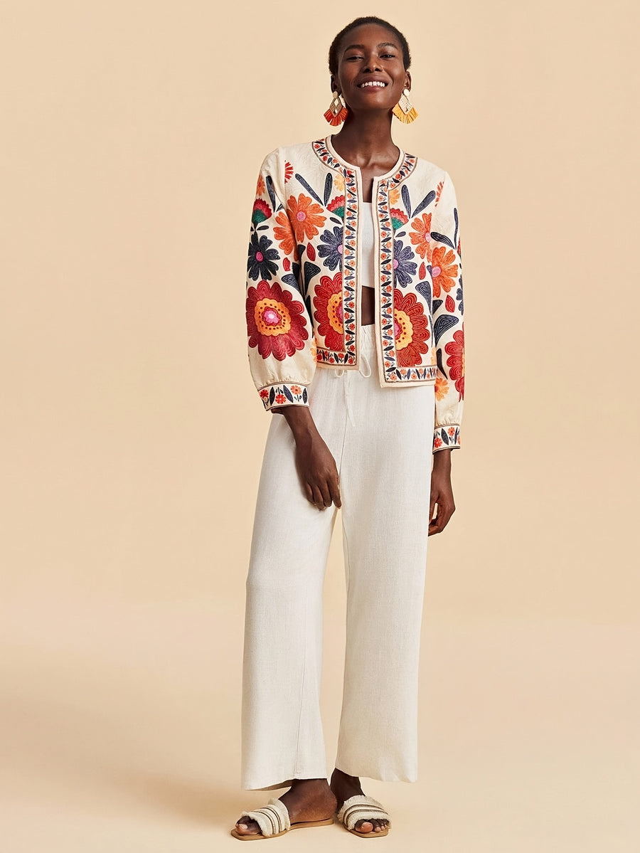 Floral Print Casual Jacket for Women, Open Front Light Beige Boho Autumn Vacation Holiday Wear, New Year Look Western Style Tropical Summer - Apricot