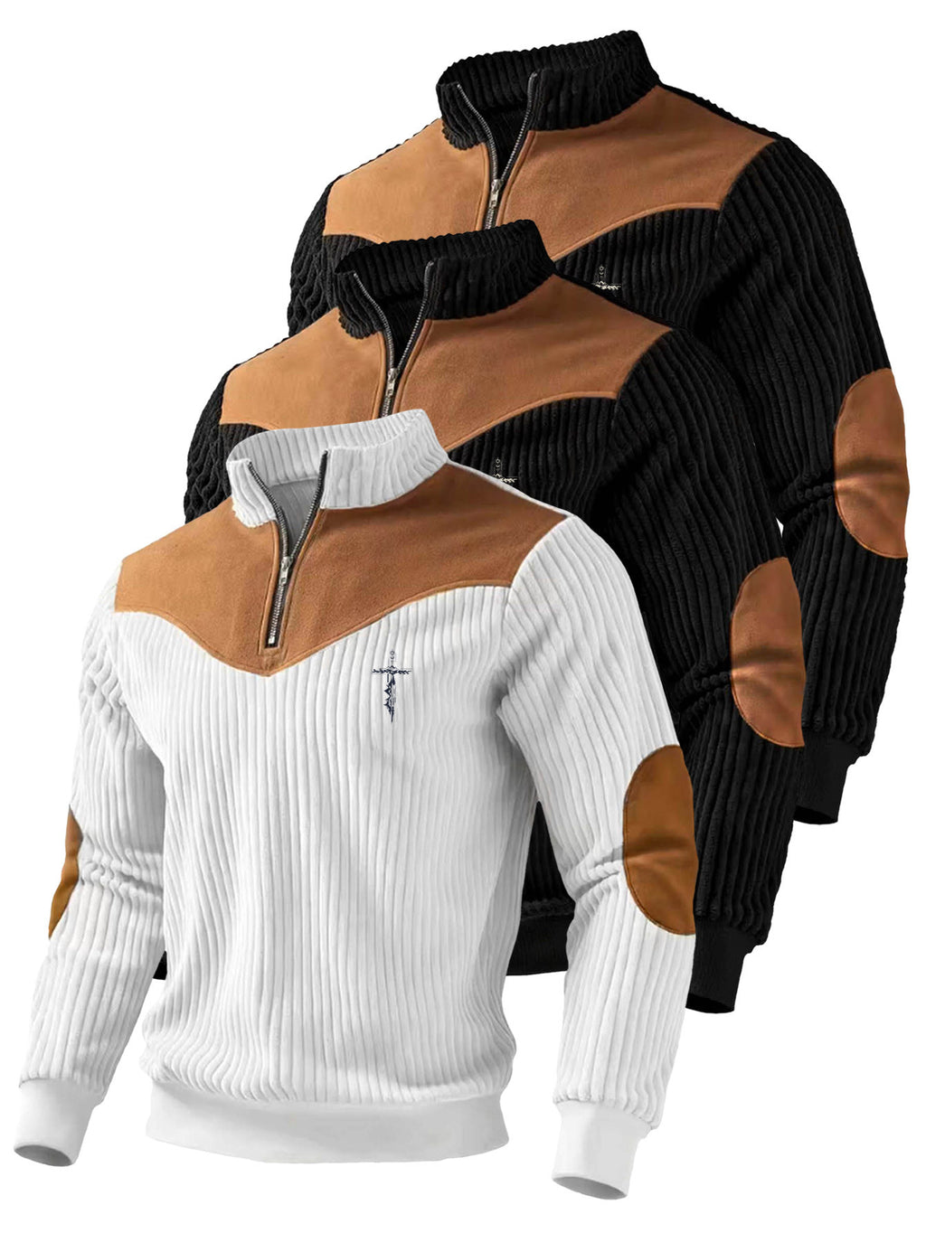 A 3pcs Men's Top Featuring Ribbed Cable-knit with Brown Block Design, Stand-up Collar, and Zipper Closure, Suitable for Both Daily Commutes and Formal Occasions, Offering a Casual yet Elegant Look - Black+black+white