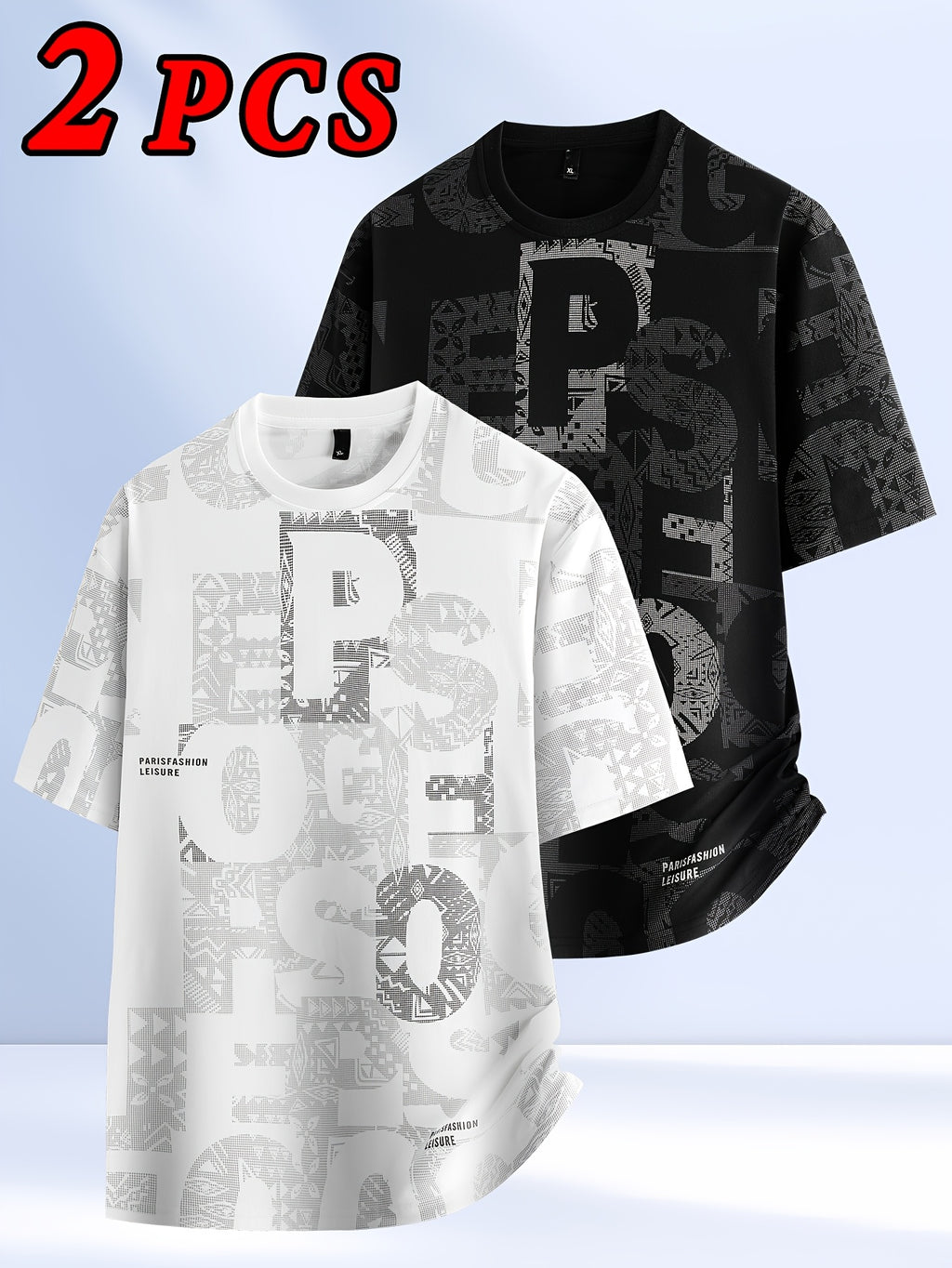 2pcs Men's Short Sleeve T-Shirts, Summer Fashion All-Over Print Short Sleeve Tees, Loose Fit Letter Print Stretch Short Sleeve Sport Tops, Youth Crew Neck Breathable Trendy T-Shirts, Suitable for Daily Wear, College, Street, and Sporty Outfits - 2pcs-white+black