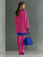Women's Contrast Color Multi-Color Option Trimmed V-Neck Plush Fluffy Dress, Loose Long-Sleeve Pullover Dress, Autumn Winter Casual Lazy Short Dress, Suitable for Autumn and Winter Wear, Daily Classic Versatile Style - Dark Pink