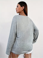 Women'S V-Neck Off-Shoulder Letter Pattern Long-Sleeved T-Shirt, Women'S Dress-Up Top, Women'S Casual Loose Top - Grey