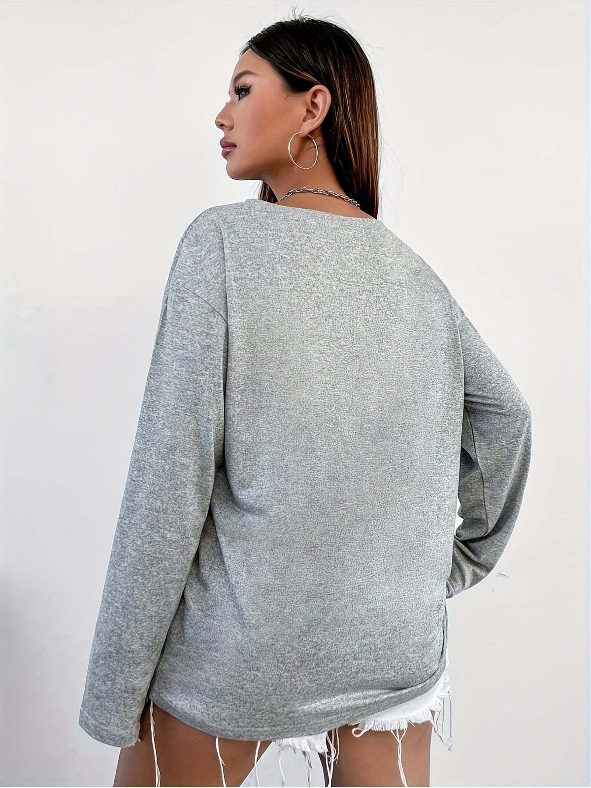 Women'S V-Neck Off-Shoulder Letter Pattern Long-Sleeved T-Shirt, Women'S Dress-Up Top, Women'S Casual Loose Top - Grey