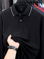 Men'S Clothing Golf Fishing Tennis Sports Solid Color Top Spring Fall Soft Skin Friendly Long Sleeve Polo Shirt Long Sleeve T Shirt New Autumn Business Casual Turn Collar Loose Versatile Pullover Top for Middle-Aged Men - Black