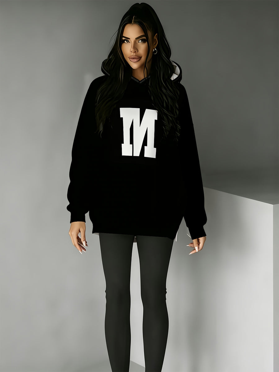 Fashion Women'S Hooded Sweatshirt, Side Slit Design, Suitable for Autumn And Winter, Perfect for Casual Wear, Eye-Catching Bold Letter Print, Loose Mid-Length Fit, Side Slit Detail Enhances Design, Ideal for Daily Commute And Shopping - Mixed colors