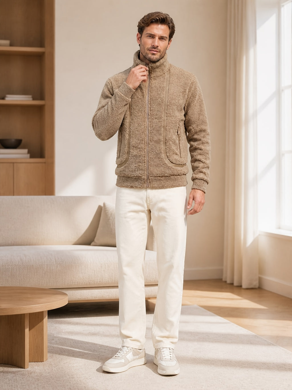 Men's Insulated Jacket, Solid Color Full-zip Stand-up Collar -lined Outerwear with Zippered Pockets, Contrast-color Trim, and Ribbed Cuffs and Hem; a Casual Jacket Suitable for Home, Daily, and Outdoor Wear, Appropriate for Spring - Grey