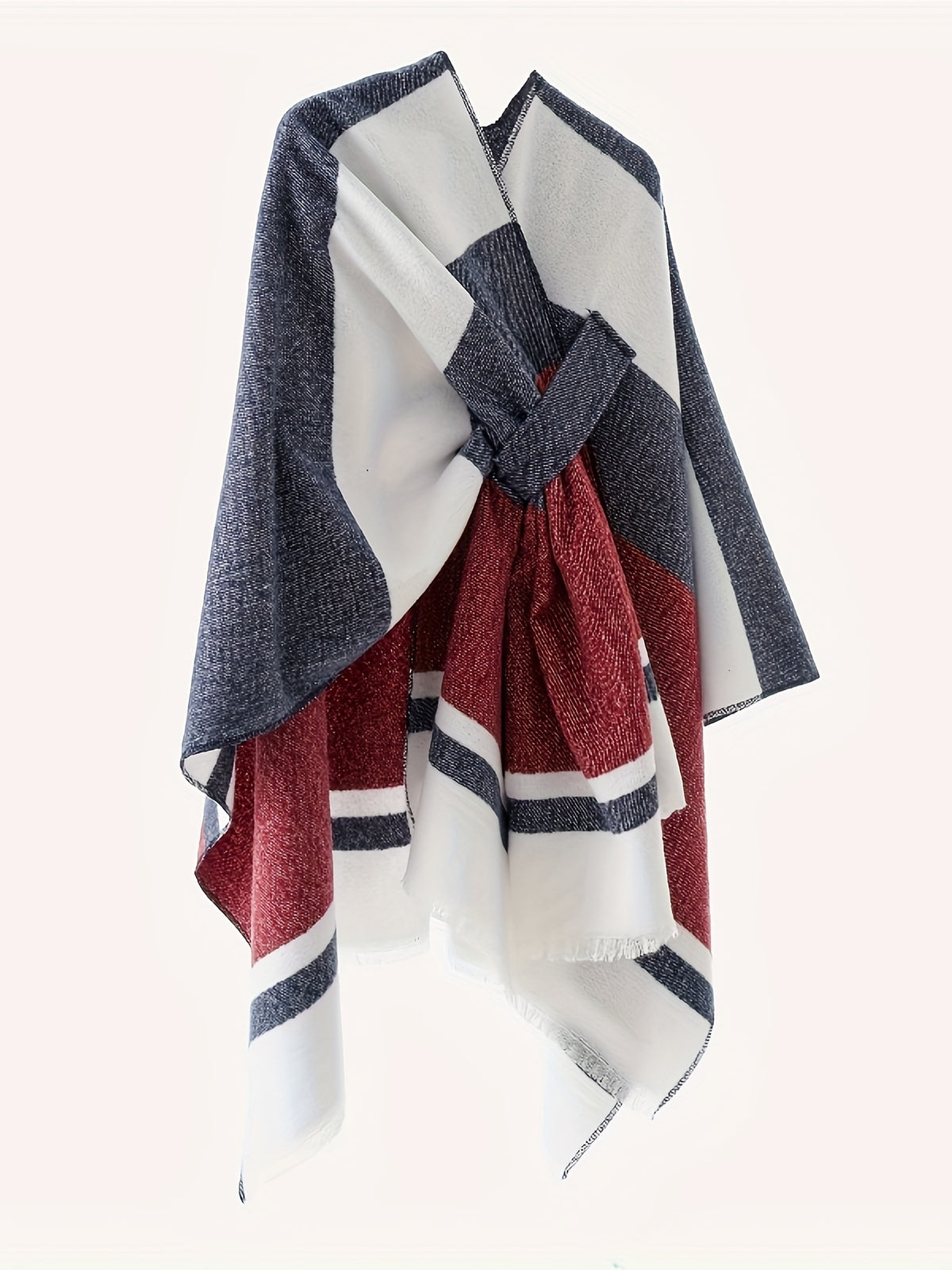 Women's Fashion Classic Striped Color Block Pattern Autumn and Winter Windproof Buttoned Travel Wrap Coat - Navy Color
