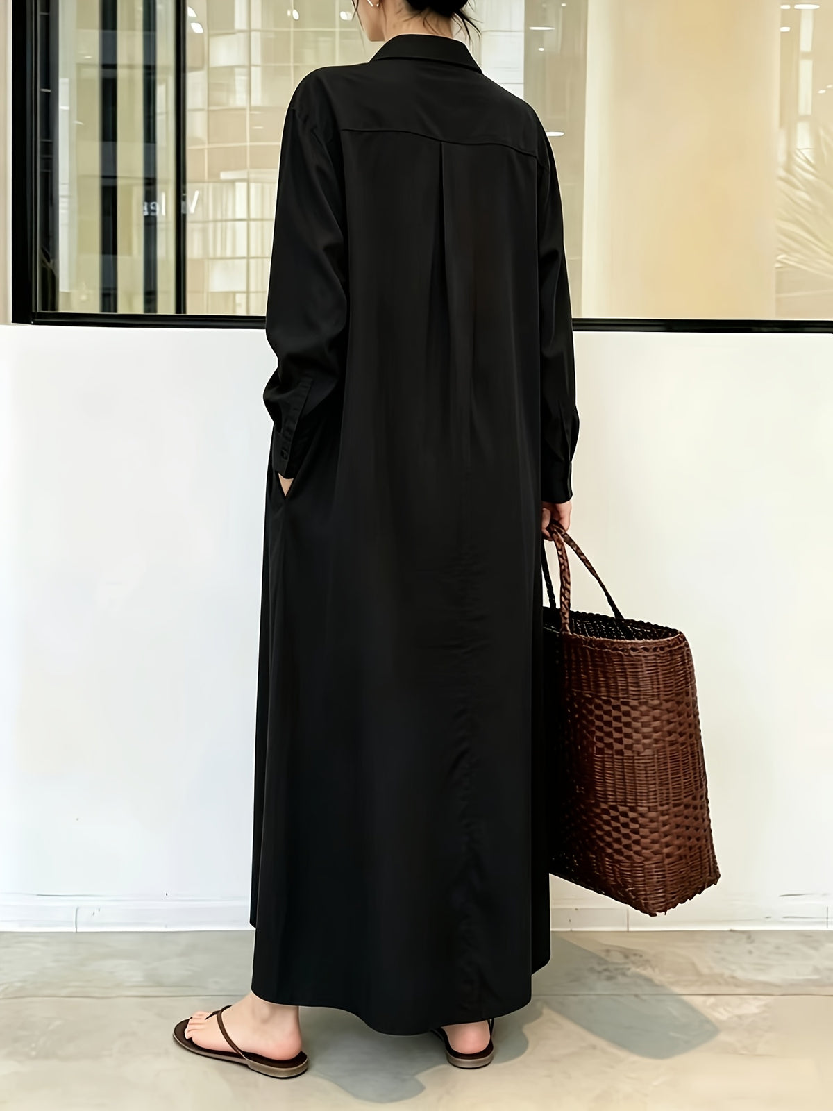 In Stock European And American New Solid Color Lapel Long Sleeve Pocket Easy Loose Casual Long Dress 1pc - Black