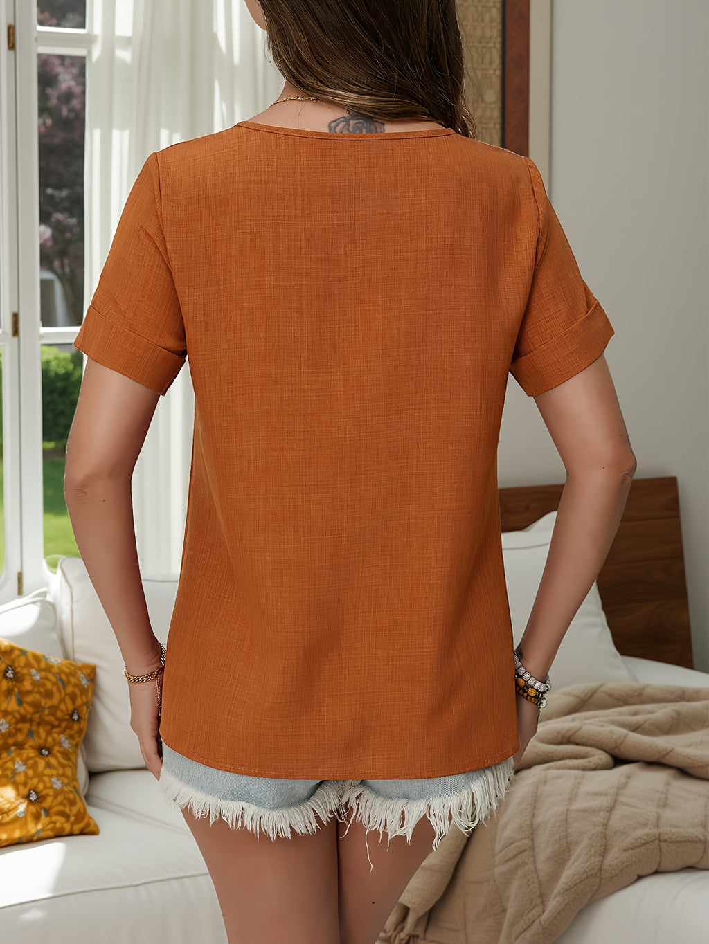 Spring And Summer Casual Bamboo Joint Decoration Button Shirt - Orange