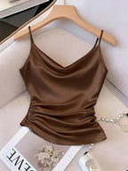 [Development WY260120078] Women's Satin Irregular Hem Side Gathers Daily Fashion Commuting Vacation Camisole Top - Coffee Color