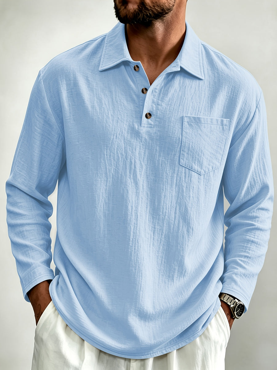 Men'S Linen Long Sleeve Polo Shirt with Chest Pocket - Light Blue
