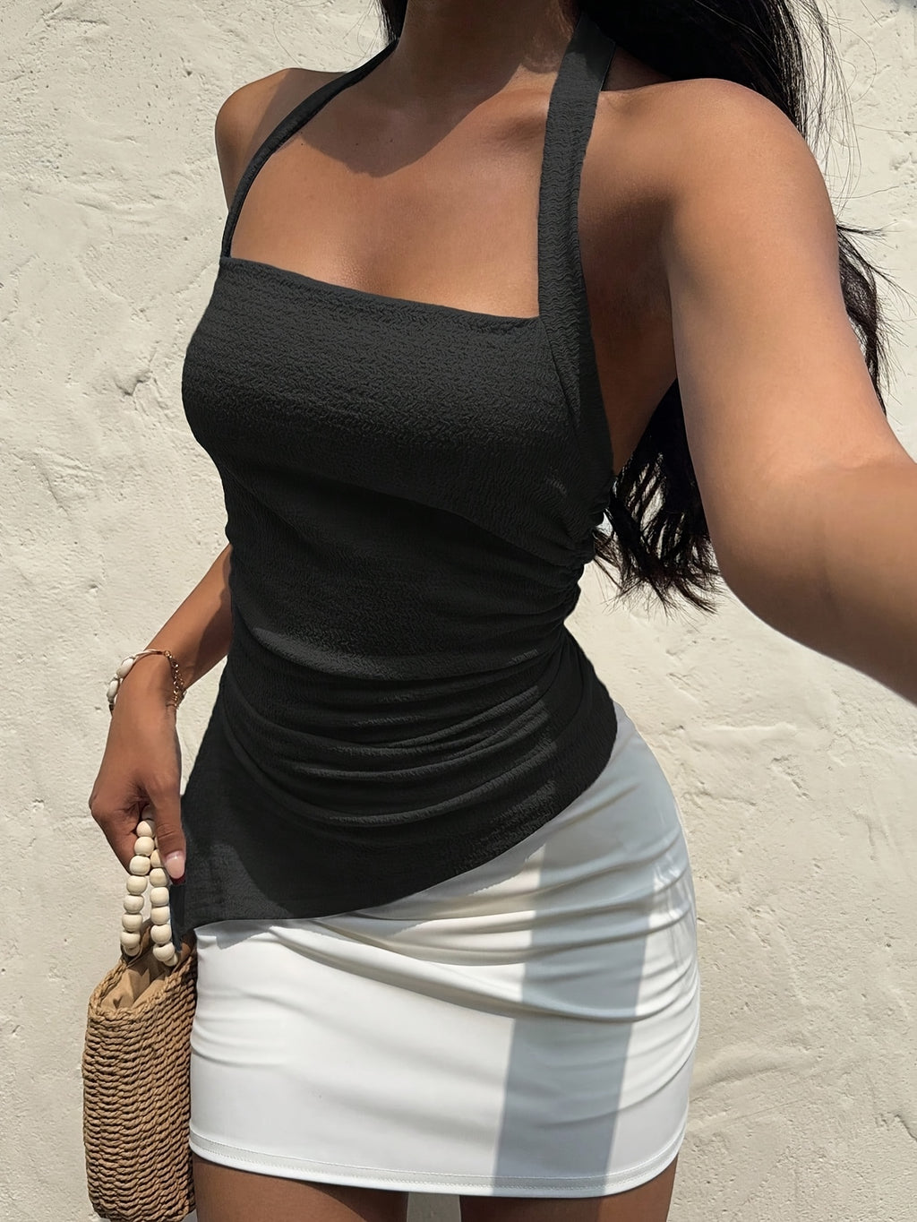 Women'S Casual Vacation Mechanically Fabric Irregular Hem Slit Halter Tie-Back Bow Cami - Black