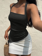Women'S Casual Vacation Mechanically Fabric Irregular Hem Slit Halter Tie-Back Bow Cami - Black